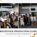 Students working backstage with lights, sets, and props at JDS Creative Academy
