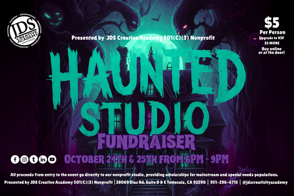 Haunted Studio Temecula 2025 poster promoting JDS Creative Academyโs Halloween fundraiser and community event.