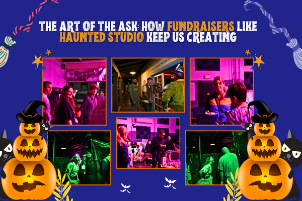 Guests enjoying Haunted Studio fundraiser event celebrating creativity and community