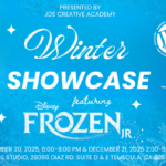 JDS Creative Academy students performing in Frozen Jr., showcasing costumes, stage set, and excitement.