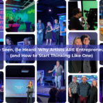 Emerging artist confidently presenting their work at a digital arts festival