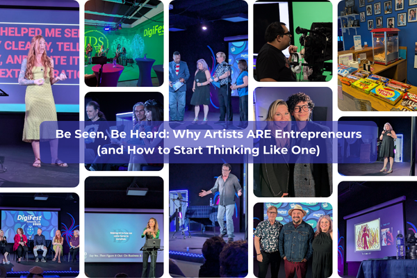 Emerging artist confidently presenting their work at a digital arts festival